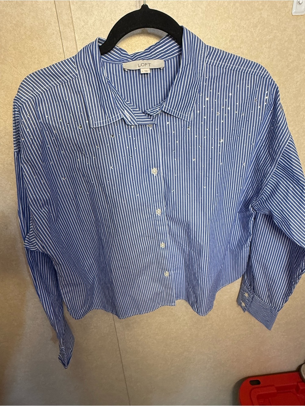 LOFT Women’s L Blue Striped Rhinestone Button Front Shirt Crop Top Long Sleeve
